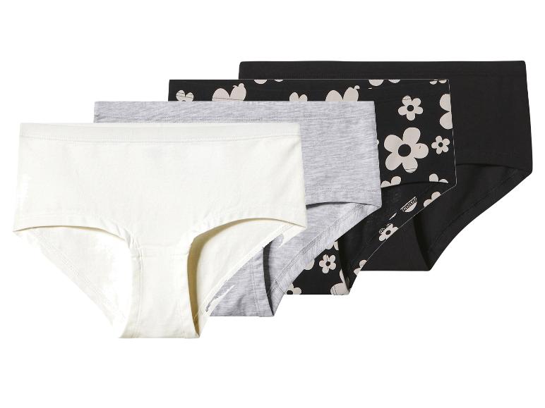 Set aus vier Damenunterhosen, darunter einfarbige Creme, Grau, Schwarz mit Blumen und schlichtes Schwarz.