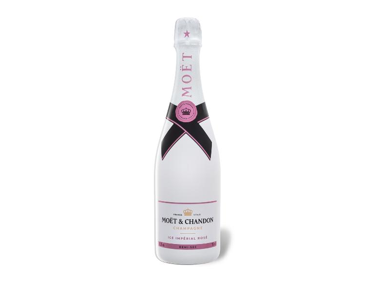 Flasche Rosé-Champagner mit rosa und schwarzen Details, inklusive der Aufschrift 'ICE IMPÉRIAL ROSÉ' und 'DEMI-SEC'.