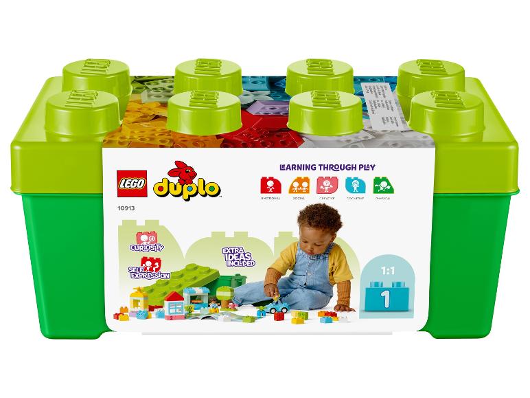 LEGO Duplo Aufbewahrungsbox mit bunten Steinen und einem spielenden Kind.