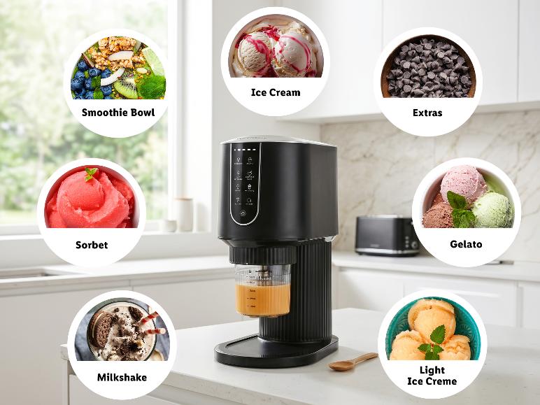 Eismaschine mit verschiedenen gefrorenen Leckereien: Eiscreme, Gelato, Sorbet, Milchshake, Smoothie Bowl.