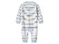 Gestreifter Baby-Strampler in Weiß, Blau, Gelb und Grau mit blauen Bündchen und Kragen.