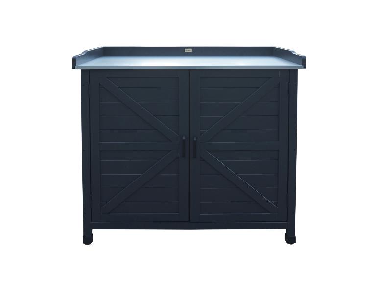 Dunkelblauer Gartenschrank mit zwei Türen und Arbeitsplatte, mit „HABAU“-Logo.