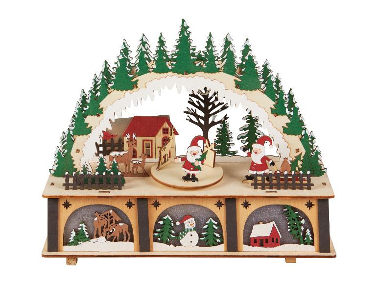 Holz-Weihnachtsdekoration mit Winterszene und Weihnachtsmann.