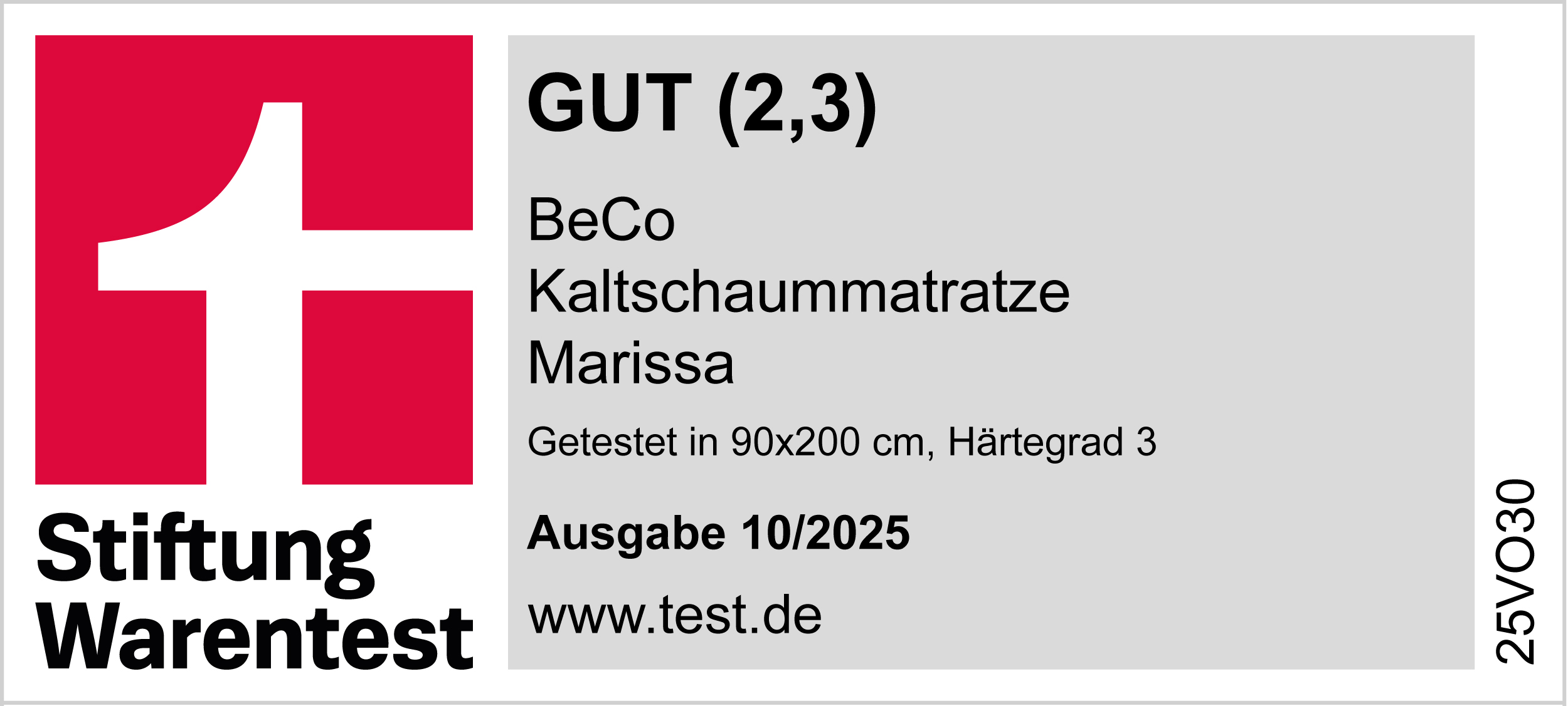 Siegel mit der Bewertung „GUT (2,3)“, das die „Kaltschaummatratze Marissa“ kennzeichnet, getestet in 90x200 cm, Härtegrad 3, Ausgabe 10/2025.