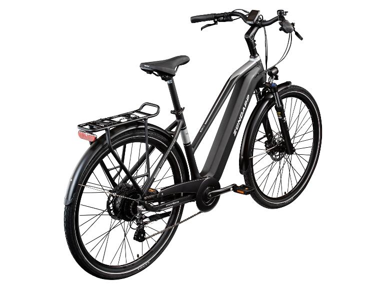 Schwarzes E-Bike mit Gepäckträger und Vorderlicht