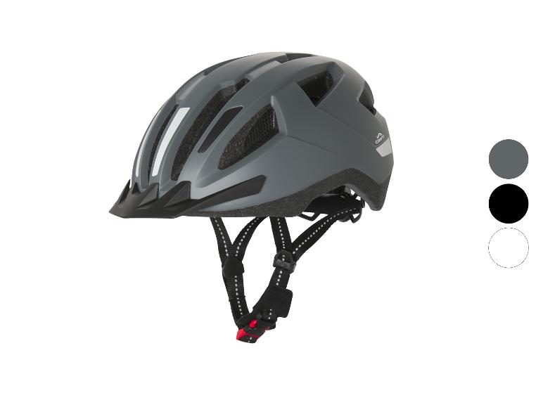 Grauer Crivit Fahrradhelm mit Visier und verstellbaren Riemen.
