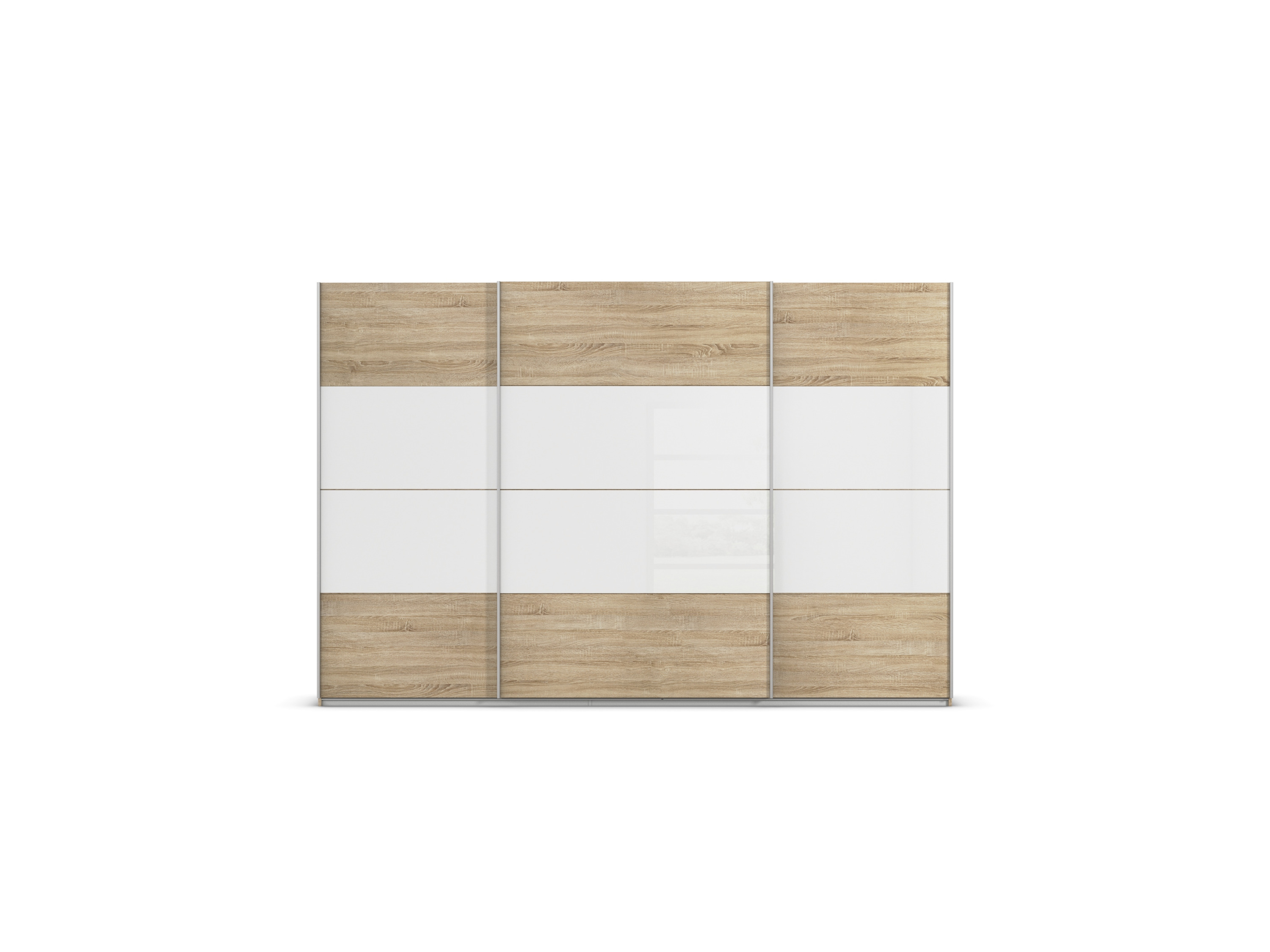 RAUCH ORANGE Quadra Schwebetürenschrank mit Glaselementen (Premium-Zubehör, Korpus:Eiche, Glas:Weiß, 315 x 210 cm)