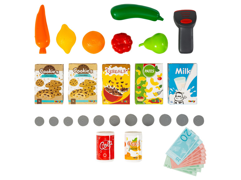 Spielzeugessen, darunter Kekse, Müsli, Nudeln und Milch, mit Spielzeuggeld und einem Scanner.