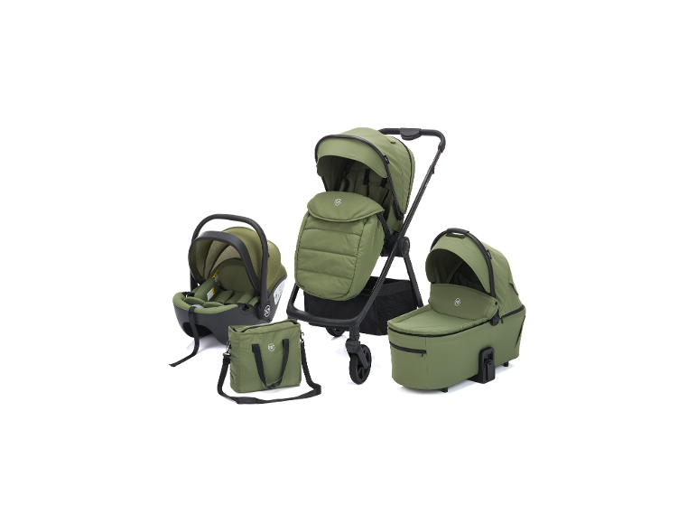 Grünes Baby-Reisesystem mit Kinderwagen, Autositz, Babywanne und Wickeltasche.