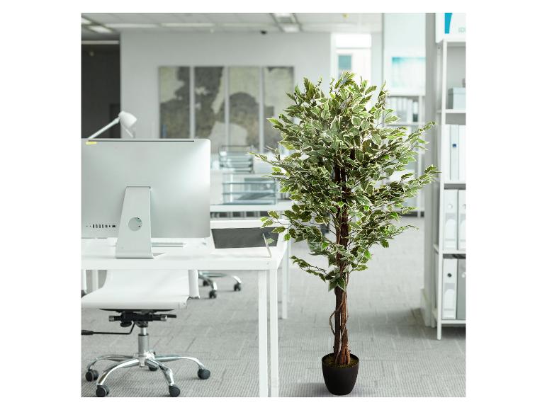 Künstlicher Baum im Topf in einem modernen Büro mit Schreibtischen und Computern.