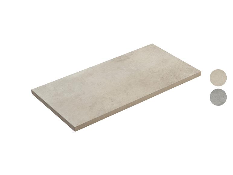 Beige rechteckige Terrassenplatte mit zwei Farbmustern