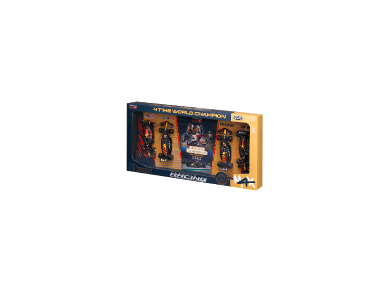Vier Miniatur-Rennwagen in einer Box, die einen 4-fachen Weltmeister feiern.