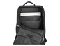 Ein offener schwarzer Rucksack mit Laptopfach