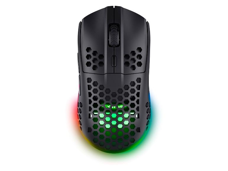 Schwarze Gaming-Maus mit RGB-Beleuchtung und perforiertem Gehäuse.