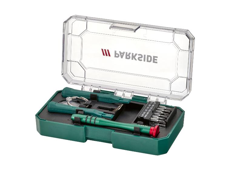 PARKSIDE Präzisionsschraubendreher-Set in offener grüner und transparenter Box.