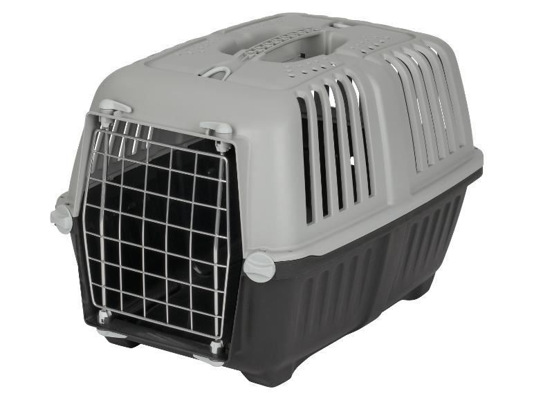 Graue Transportbox für Haustiere mit Metalltür und Griff.