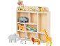 Holzregal mit Safari-Thema und Tierfiguren wie Elefant, Zebra, Löwe und Giraffe.