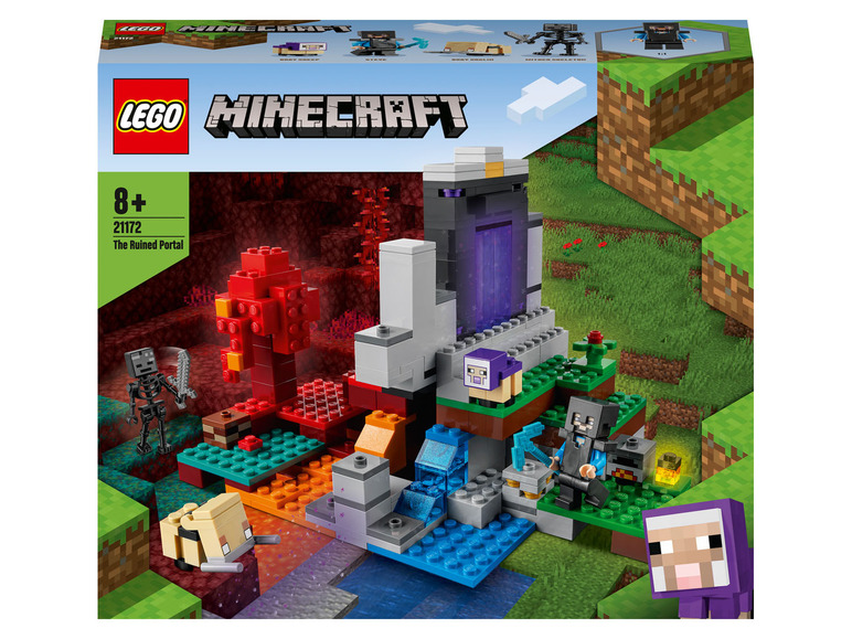 Lego Minecraft Set mit einem zerstörten Portal, Skeletten und einem Schaf.