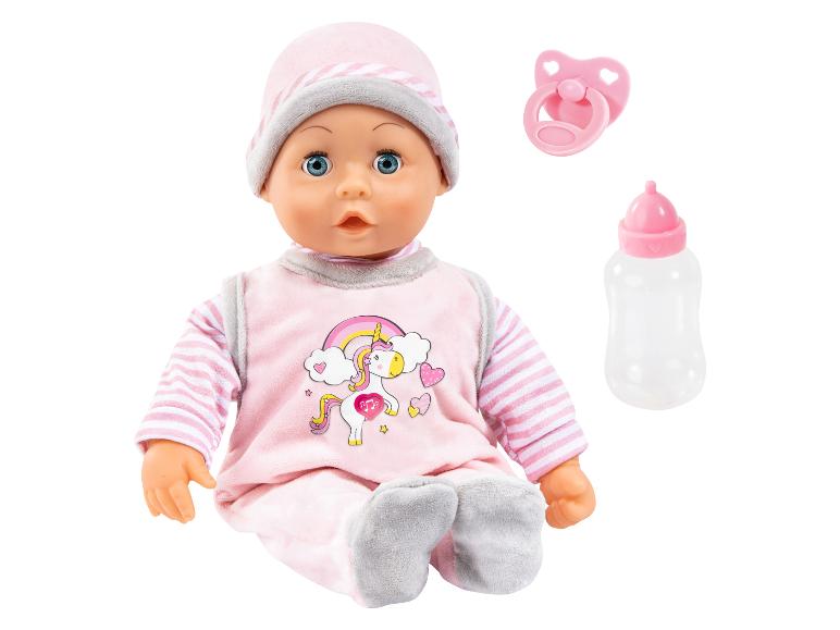Babypuppe in rosa Einhorn-Outfit mit Zubehör.