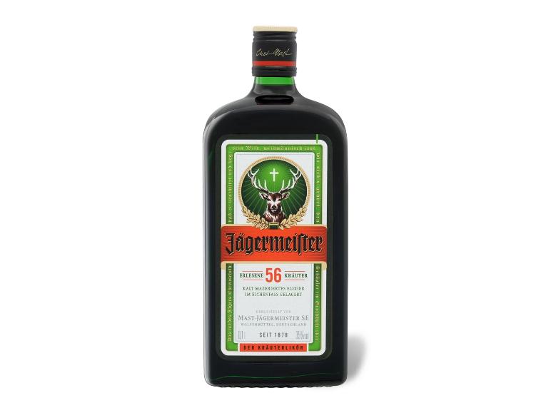 Flasche dunkler Kräuterlikör mit Hirsch und Kreuz auf dem Etikett.