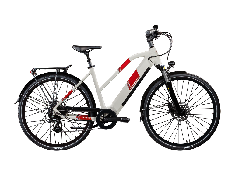 Ein beiges Zündapp Z810 E-Bike mit roten Akzenten.