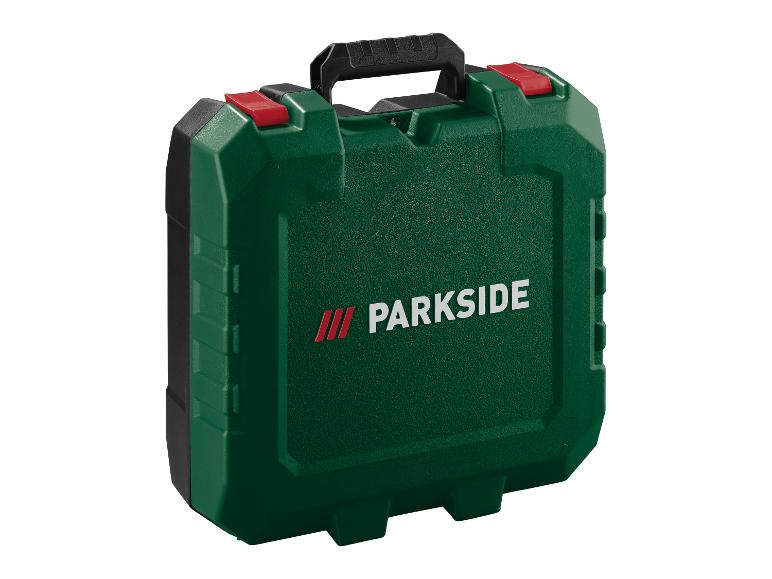 Grüner Parkside Werkzeugkoffer mit schwarzem Griff und roten Verschlüssen.