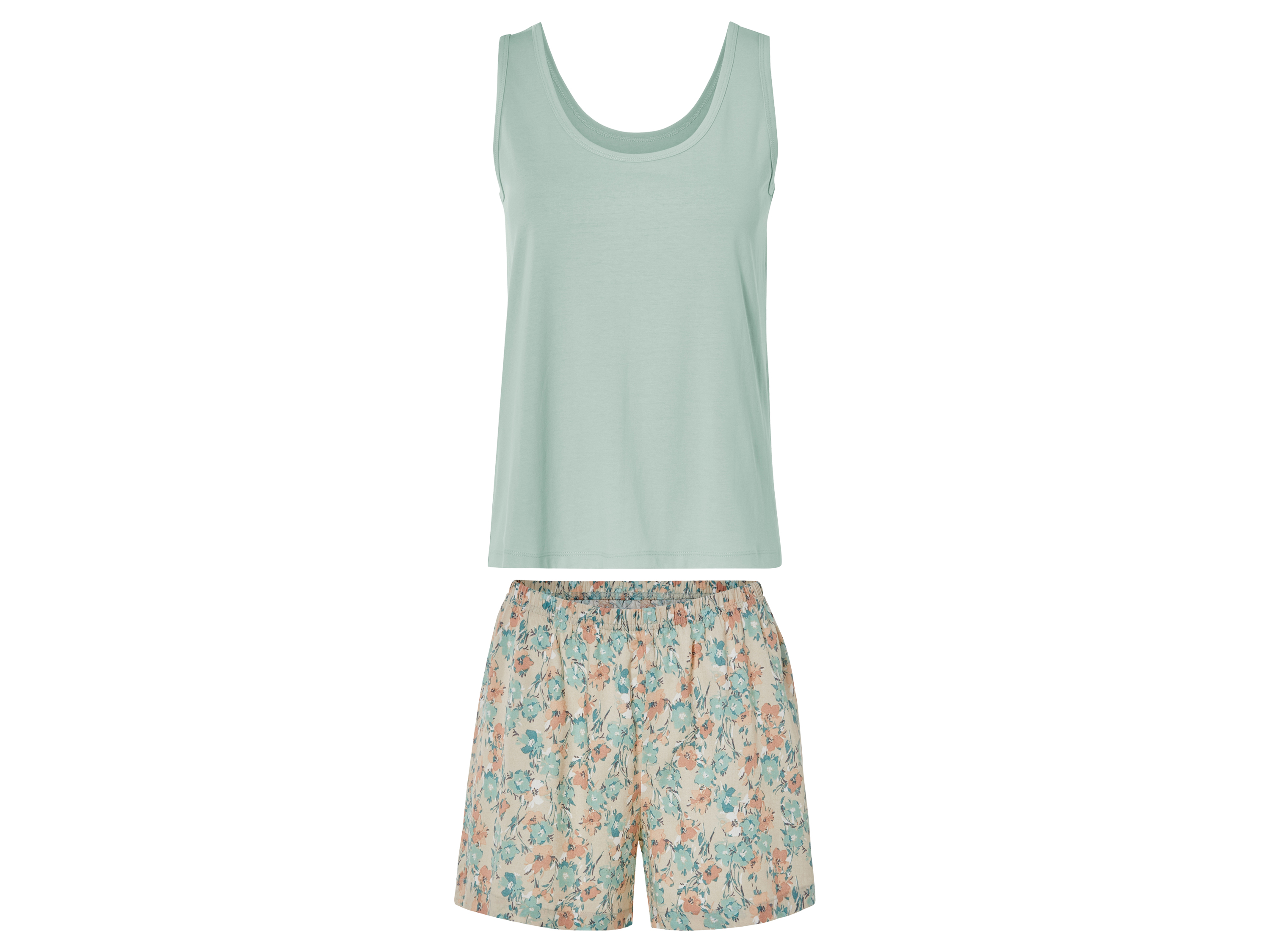 esmara® Damen Shorty Pyjama (Blau, S(36/38))““ | Shorts mit bequemem Gummizugbund Produktmerkmale tabletd Farbe: beige, blau Muster: beige: gestreift blau: Blumen-Muster Detail: luftig-leichte Qualität durch Leinen und Viskose , breite Träger