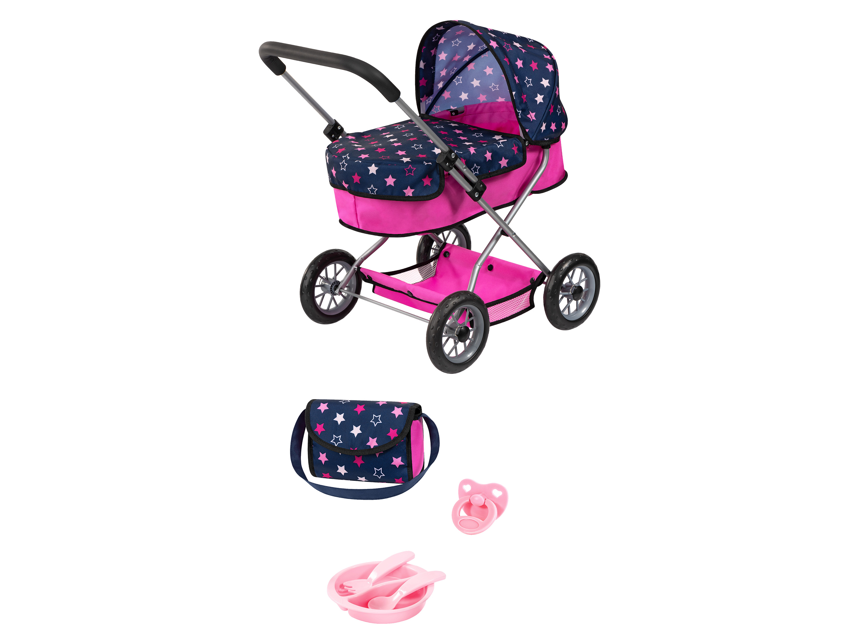 Bayer Design Puppenwagen / Puppenbett (Puppenwagen)““ | für Puppen bis 46 cm Bayer Design Puppenwagen Smarty ist ein schöner Puppenwagen in einer modernen, frischen Farbe und bietet Platz für Puppen bis 46 cm. Im integrierten Einkaufskorb kann alles mitgenommen werden, was für einen Ausflug mit der Puppe oder dem Plüschtier gebraucht wird. Durch die Wannenabdeckung sind die kleinen Lieblinge auch perfekt vor Sonne oder Wind geschützt. Schieberhöhe ca. 56 cm. Lieferung erfolgt in hübscher Geschenkverpackung und inklusive Puppenwagentasche, Schnuller und Essgeschirr mit Teller, Gabel und Löffel. Bayer Design Puppen-Zubehörset: Tolles Zubehör-Set bestehend aus Puppen-Hochstuhl, Latz, Tasche und Reisebett. Im Puppenhochstuhl Maße ca. 39 x 28 x 66 cm kann die Lieblingspuppe mit Hilfe des integrierten Ess bequem gefüttert werden. Im passenden Design ist das Lätzchen für viel Spielspaß dabei. Das schöne Reisebett für Puppen Maße ca. 44 x 26 x 28 cm ist ein absolutes Highlight im Kinderzimmer oder für unterwegs. Es lässt sich platzsparend zusammenlegen, wenn es nicht mehr benötigt wird. Hier können Puppen bis zu 46 cm schlafen gelegt werden. In die farblich passende Schultertasche können zudem alle wichtigen Puppenutensilien verstaut werden. Verpackt in hübscher Geschenkverpackung Produktmerkmale tabletd Produktart: Puppenzubehör Material: Kunststoff Altersempfehlung: ab 3 Jahren Maße: Puppenwagen: ca. 58 x 38,5 x 55,5 cm Puppen-Zubehörset: Hochstuhl: Maße ca. 39 x 28 x 66 cm, Reisebett: ca. 44 x 26 x 28 cm Gewicht: Puppenwagen: ca. 1220 g Puppen-Zubehörset: ca. 1,29 kg Farbe: blau, pink Batterien erf Plastik- oder Gummibänder