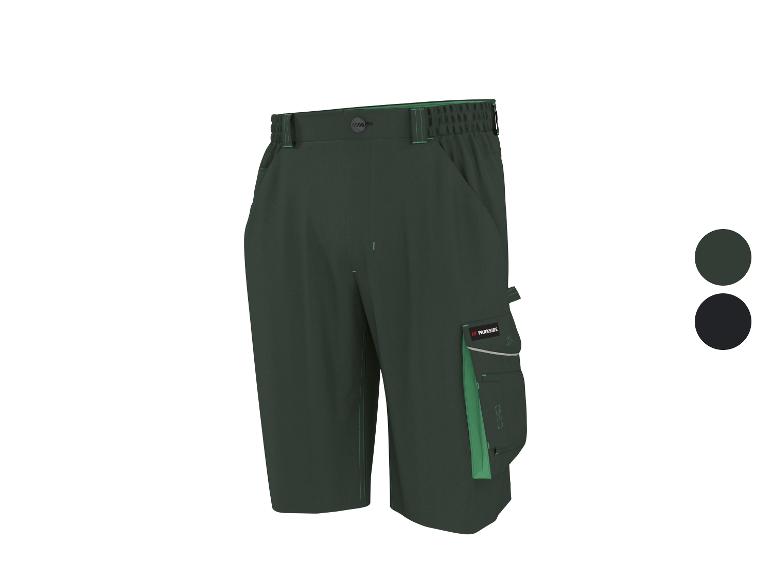 Dunkelgrüne Arbeitsshorts mit grünen Akzenten und Cargotaschen.