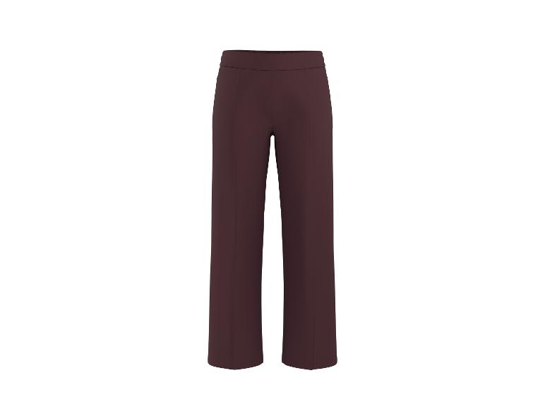 Damen-Hose mit weitem Bein in Bordeauxrot, mit elastischem Bund und sichtbaren Nähten vorne.