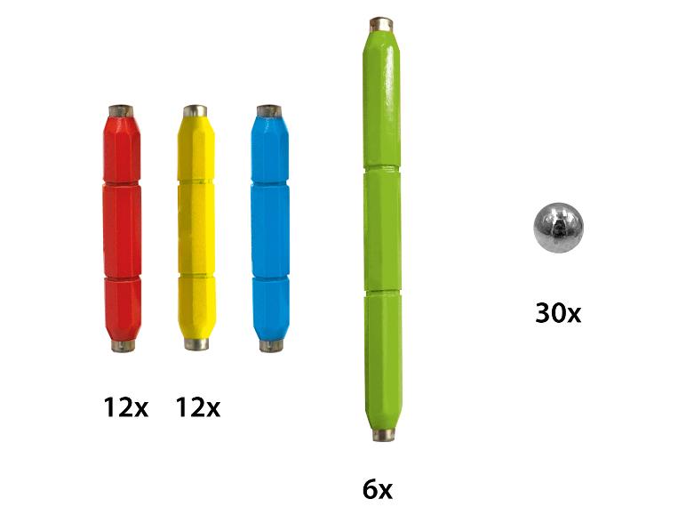 Magnetisches Konstruktionsset mit farbigen Stäben und Metallkugeln.