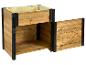 Hochbeet aus Holz mit offenem Staufach und Rollen.