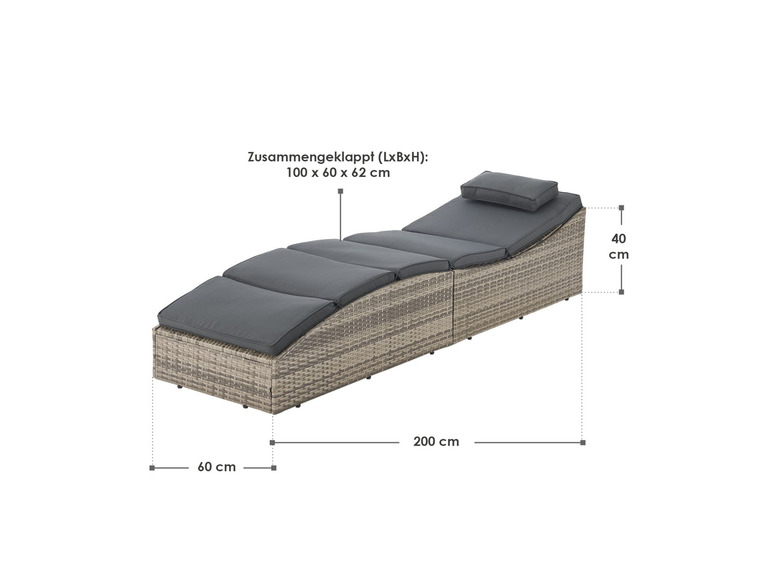 Ein graues Wicker-Liegestuhl mit einem Kissen und Maßen von 200 x 60 x 40 cm.