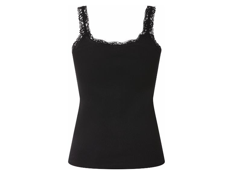 Schwarzes geripptes Camisole mit Spitzenbesatz an Trägern und Ausschnitt