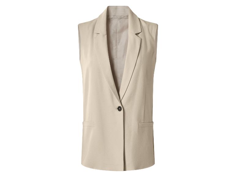 Beige ärmellose Damenweste mit einem Knopf und Revers.