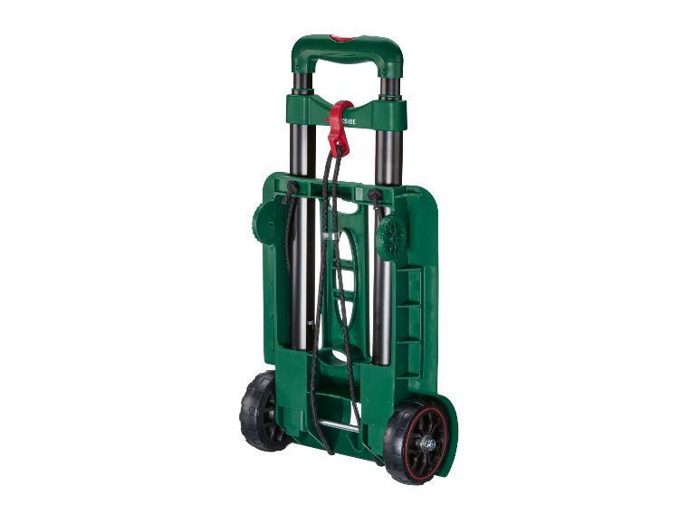 Grüner Klappwagen mit schwarzen Rädern und rotem Griff.