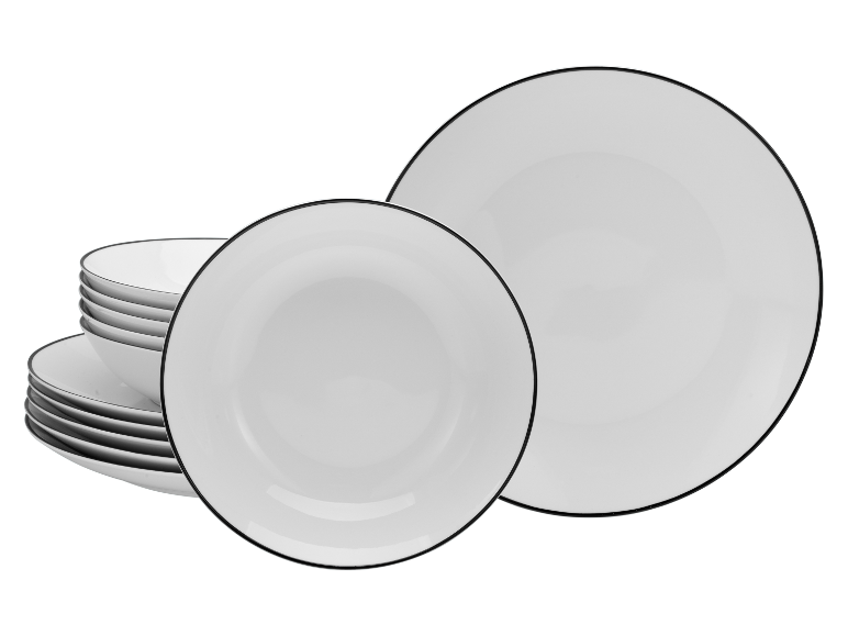 Geschirr-Set: weiße tiefe und flache Teller mit schwarzem Rand.
