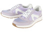 Zwei Paar helllilafarbene Sneaker mit weißen Schnürsenkeln.