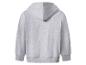 Rückenansicht eines schlichten hellgrauen Kapuzenpullovers mit gerippten Bündchen und Saum.