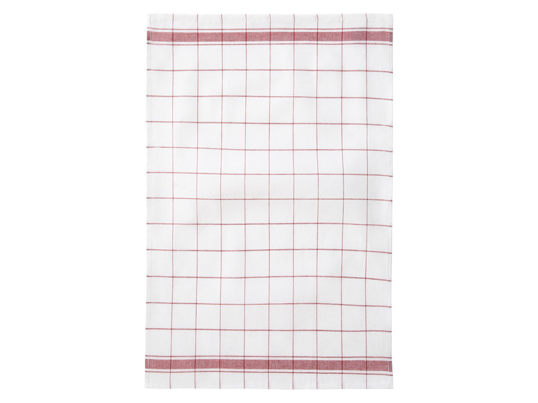 Ein weißes Geschirrtuch mit roten Karos.
