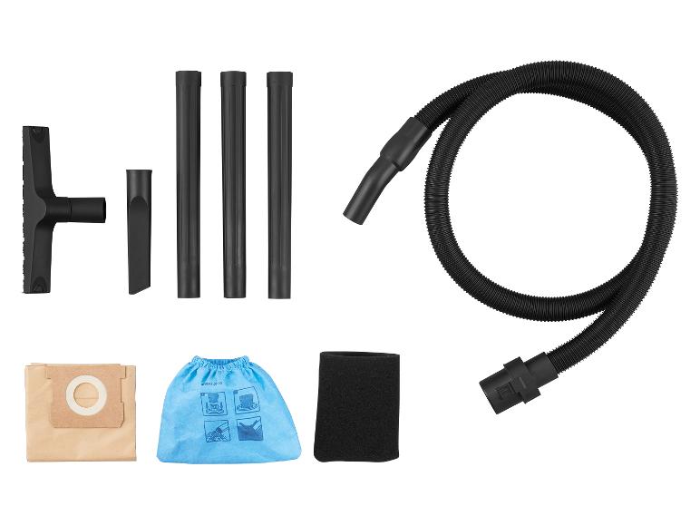 Staubsaugerzubehör: Schlauch, Rohre, Düsen, Papierbeutel, Stoffbeutel und Schaumfilter.