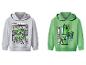 Zwei Minecraft Kinder-Hoodies: ein grauer mit „READY SET CRAFT“-Schriftzug und ein grüner mit Creepern.