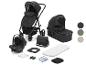 Kinderwagen-Set mit Babywanne, Sportsitz, Babyschale und Zubehör in Schwarz.