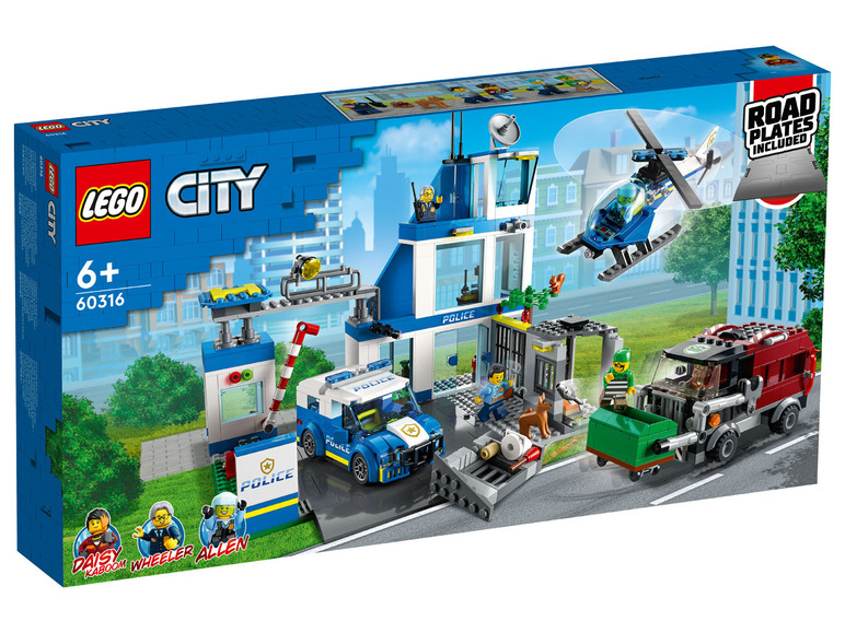 LEGO City Polizeistation mit Helikopter, Polizeiauto und Gefängniswagen.
