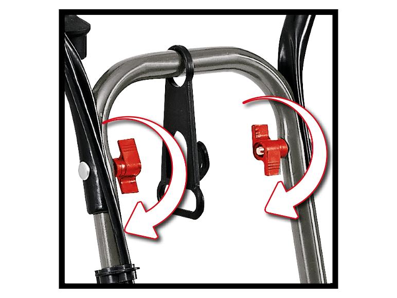 Nahaufnahme eines Rollators mit roten Einstellhebeln und Richtungspfeilen.