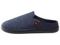 Blaue Hausschuhe mit schwarzer Sohle und 'Home' Logo.