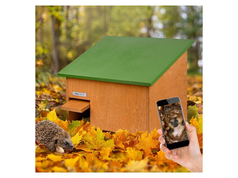 Igelhaus mit grünem Dach, einem Igel und einem Telefon, das einen Igel zeigt.