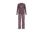 Pflaumenfarbener Damenpyjama mit Langarmshirt 'Let's Stay in BED' und floral gemusterter Hose.
