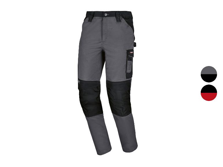 Graue und schwarze Arbeitshose mit Taschen und verstärkten Knien.