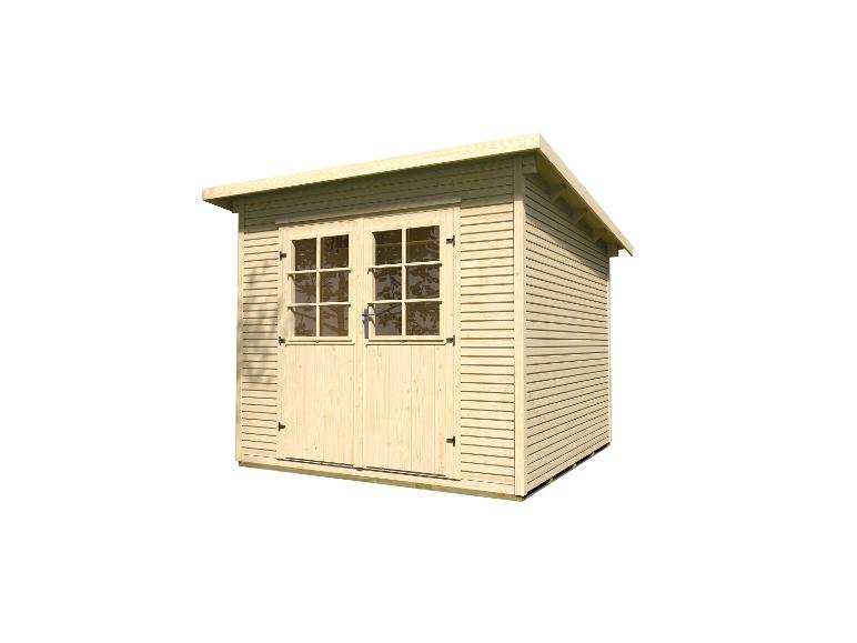 Ein heller Holzgartenhaus mit Pultdach und verglasten Doppeltüren.